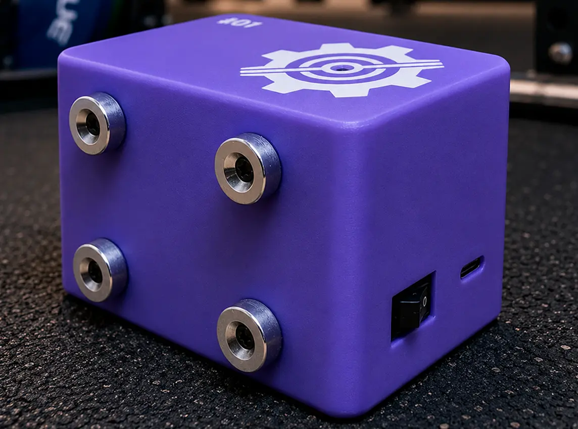 Parte trasera del encoder deportivo GenosLift con cuatro imanes, interruptor de encendido y puerto USB-C